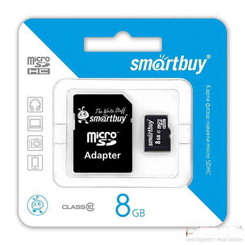 Карта памяти 8GB Smartbuy micro SDHC class 10 с адаптером SD